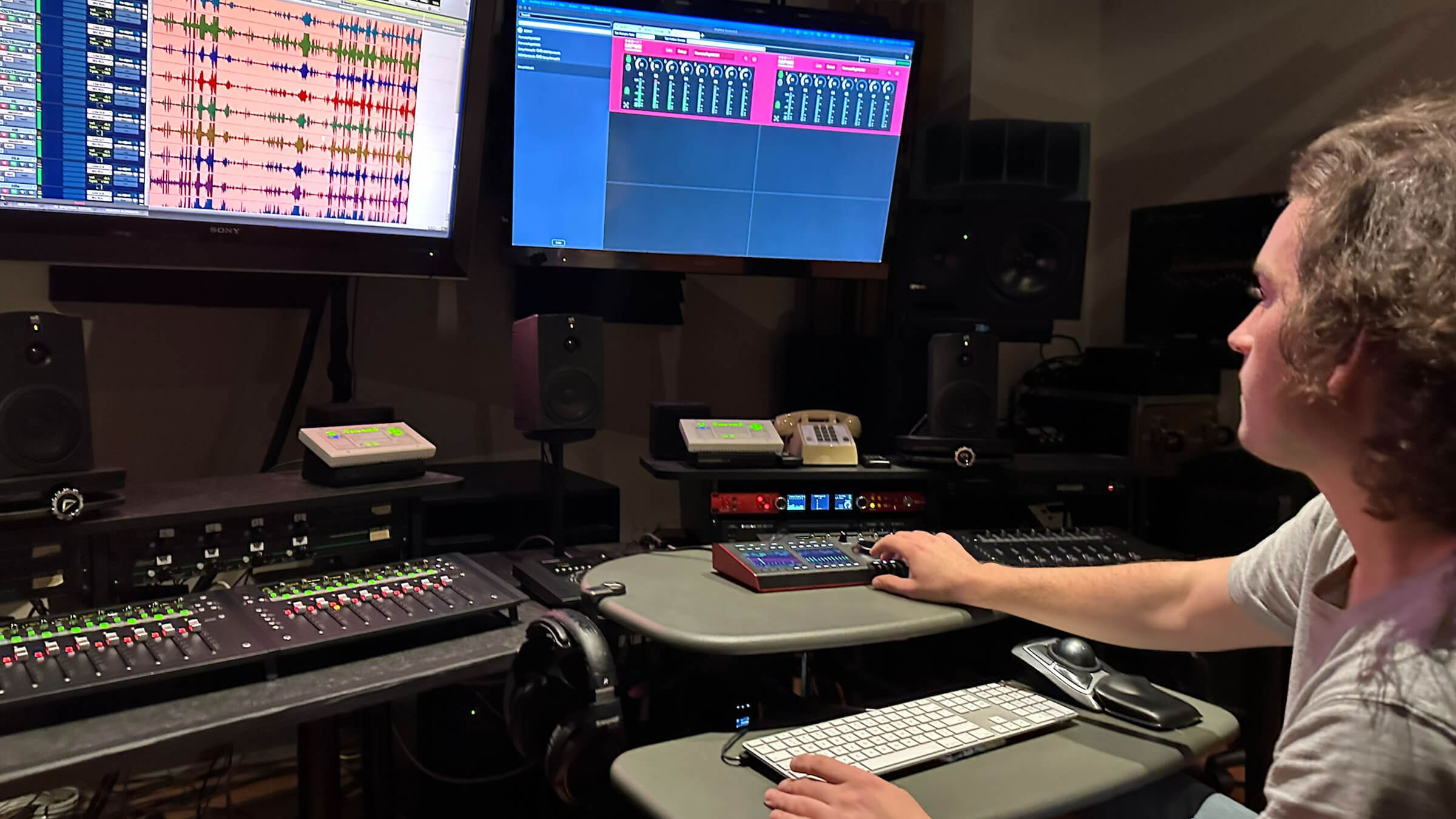 A sound recording technology student at Ithaca College records the school&rsquo;s wind ensemble for Ithaca College Recording Services with a gear complement that includes Focusrite interfaces