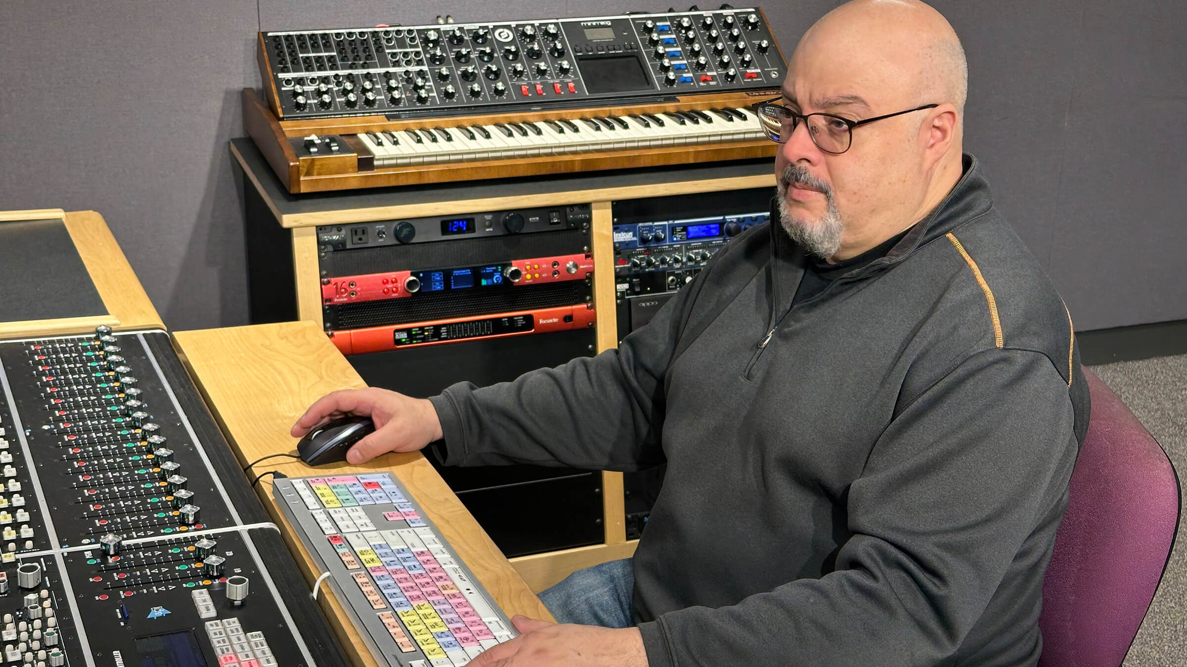 Bruno Caruso, Design and Integration Manager at Emerson College, pictured in one of the school&rsquo;s audio classroom spaces featuring Focusrite RedNet gear