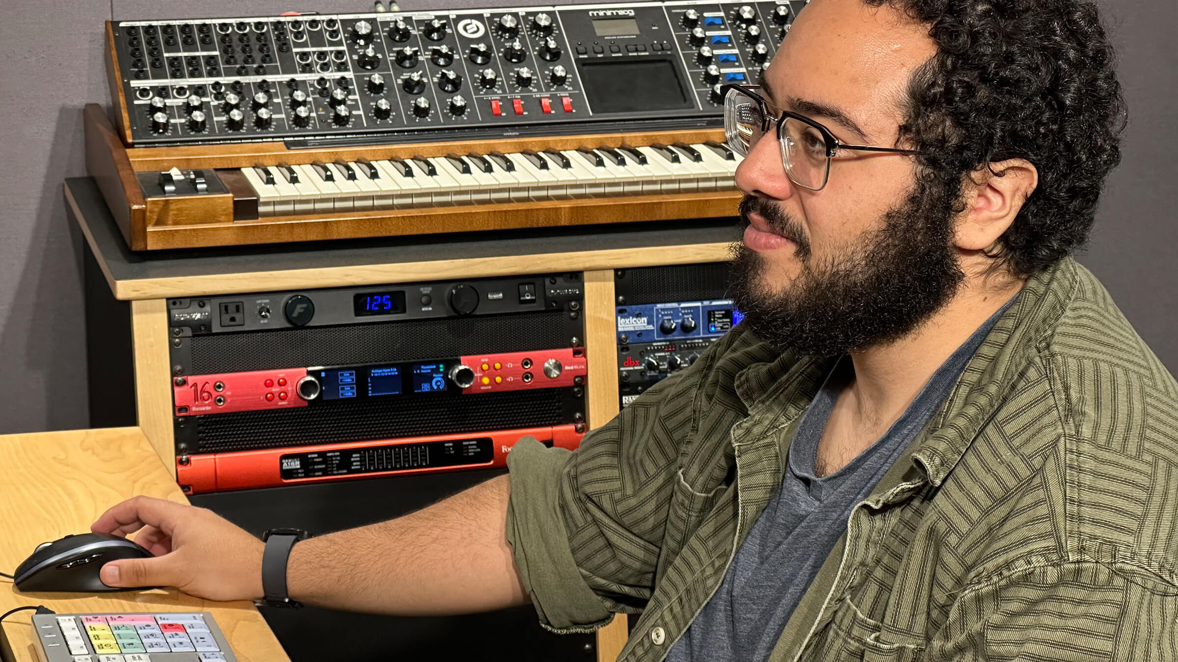 Allan Santos, Assistant Manager, Post Production Facilities, at Emerson College, pictured in one of the school&rsquo;s audio classroom spaces featuring Focusrite RedNet gear