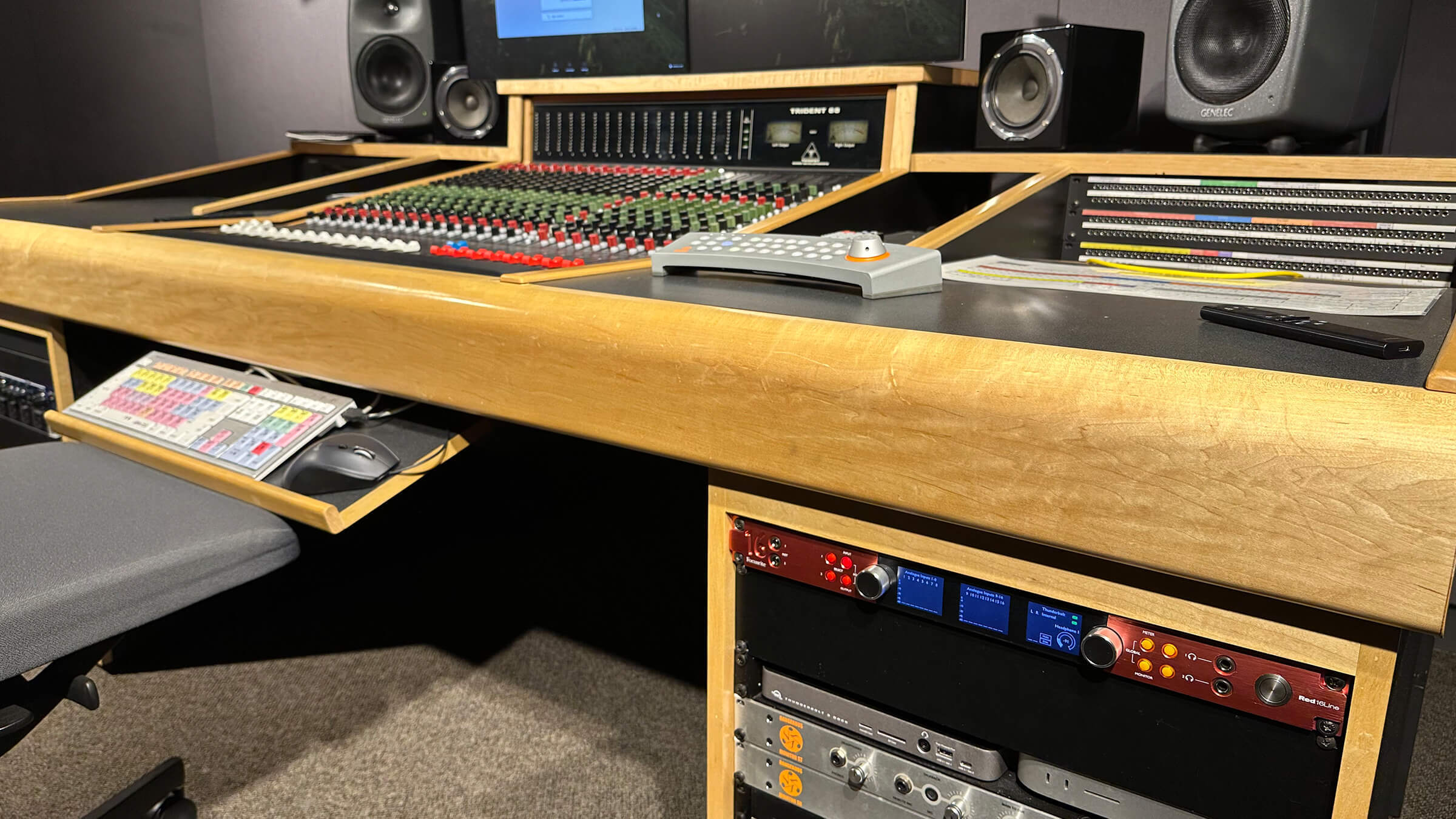 Gear closeup in an audio classroom at Emerson College, featuring Focusrite RedNet components